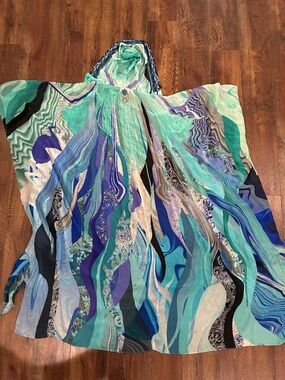 CAMILLA Australia 100% Silk Hooded Kaftan | Teal Blue Aqua Embellished